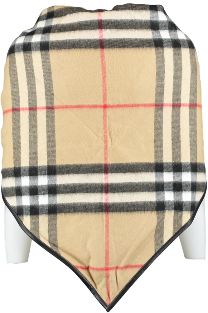 Burberry Beige 100% Cashmere Classic Check Scarf /Cape Leather Trim