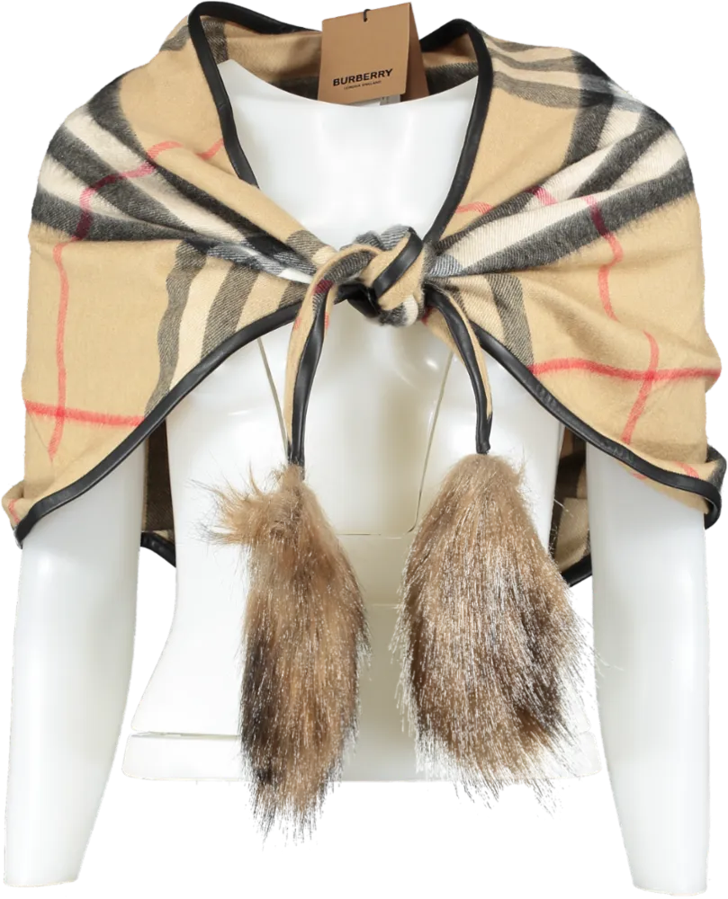 Burberry Beige 100% Cashmere Classic Check Scarf /Cape Leather Trim