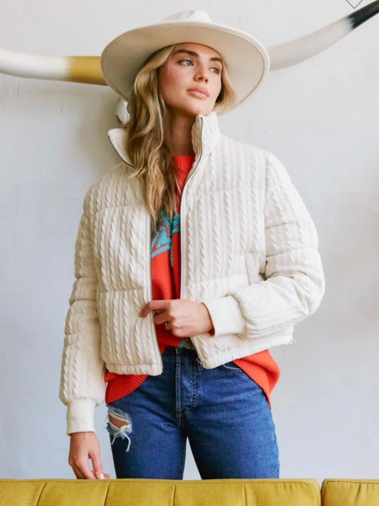 Cable Knit Puffer Jacket: Ivory