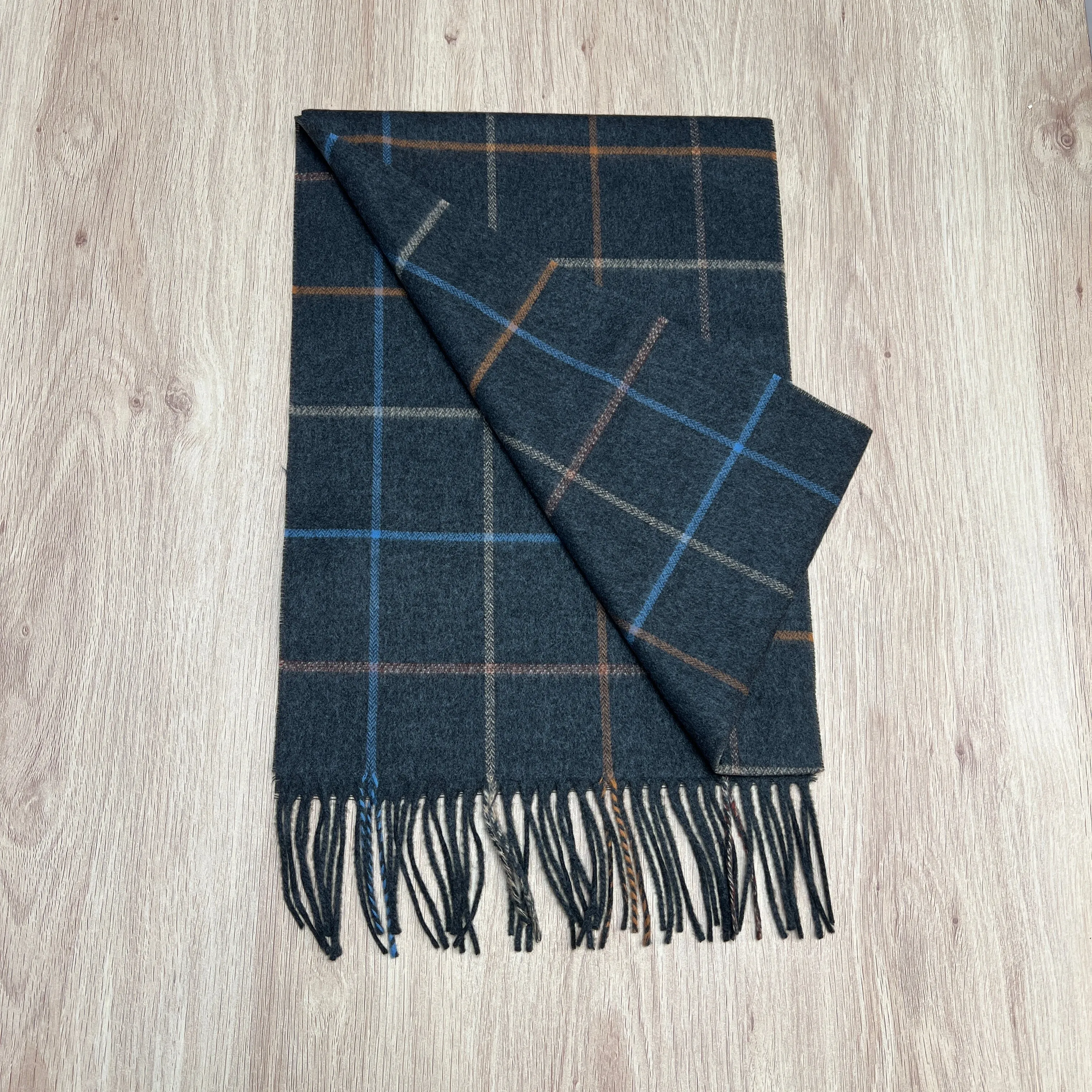 Cashmere blend scarf -charcoal with multi-colour checks