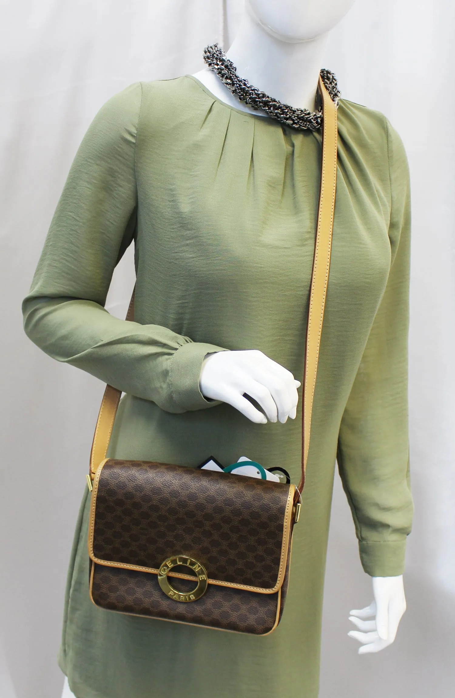 CELINE Macadam Pattern PVC Leather Brown Crossbody Bag