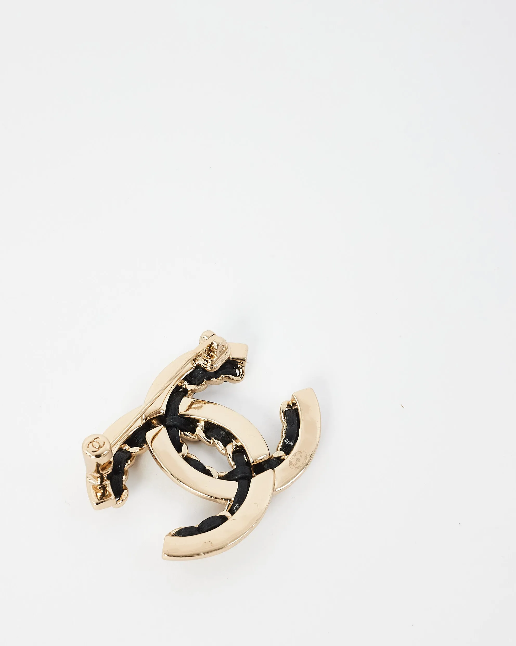 Chanel Champagne Metal and Black Leather CC Brooch