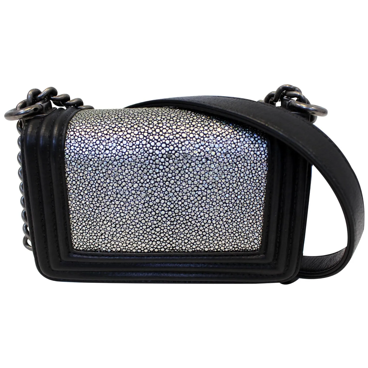 CHANEL Mini Boy Galuchat Stingray Flap Bag Black Silver