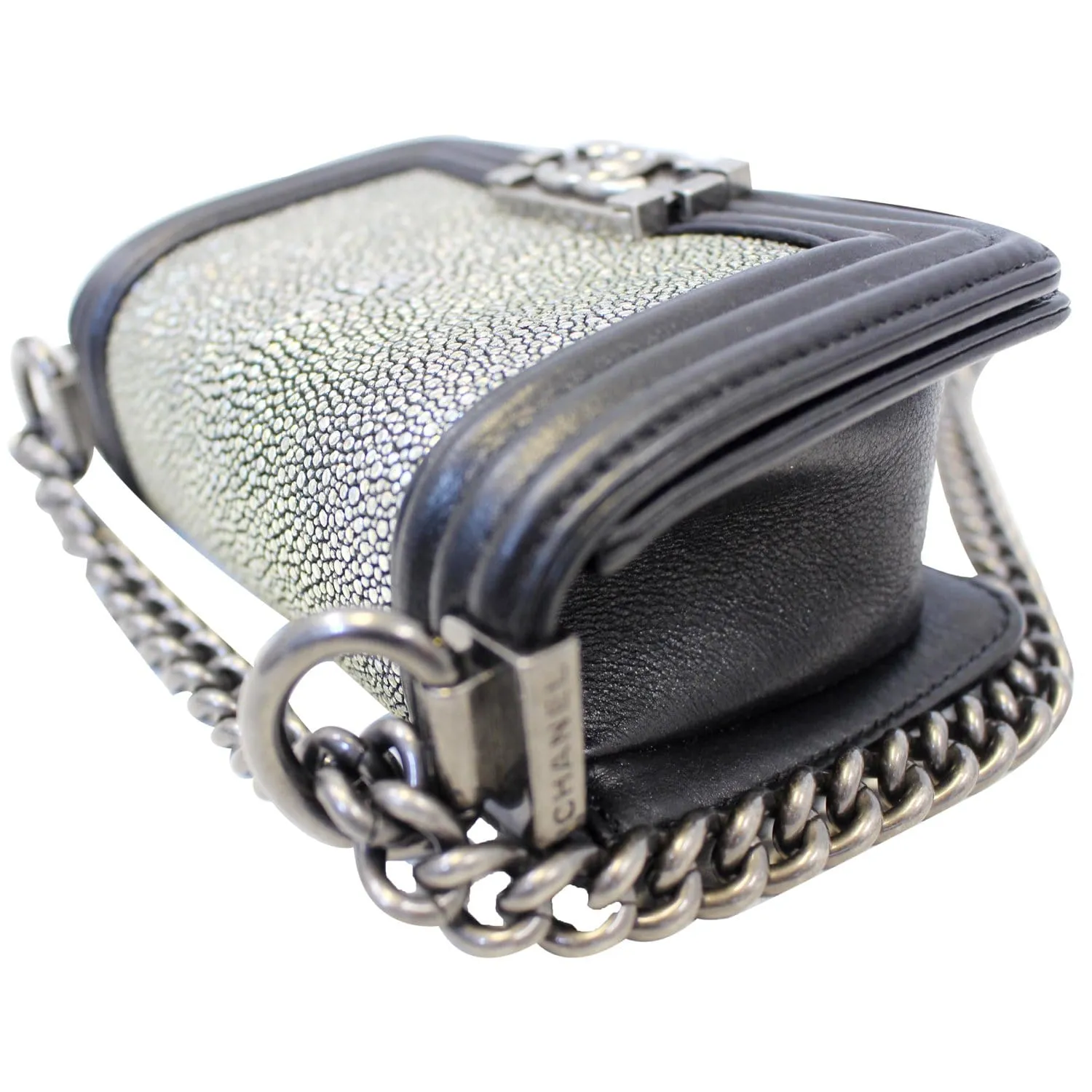 CHANEL Mini Boy Galuchat Stingray Flap Bag Black Silver