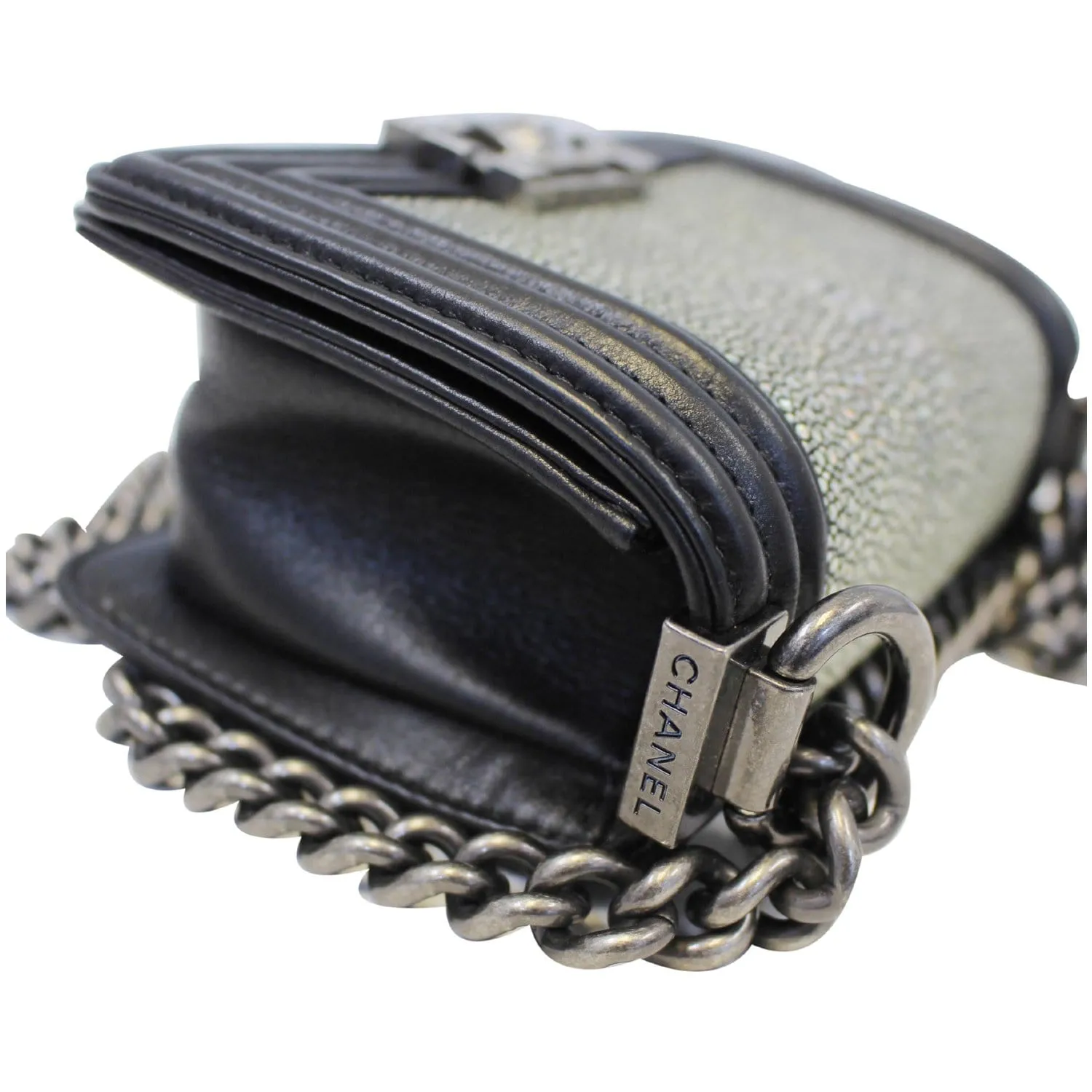 CHANEL Mini Boy Galuchat Stingray Flap Bag Black Silver