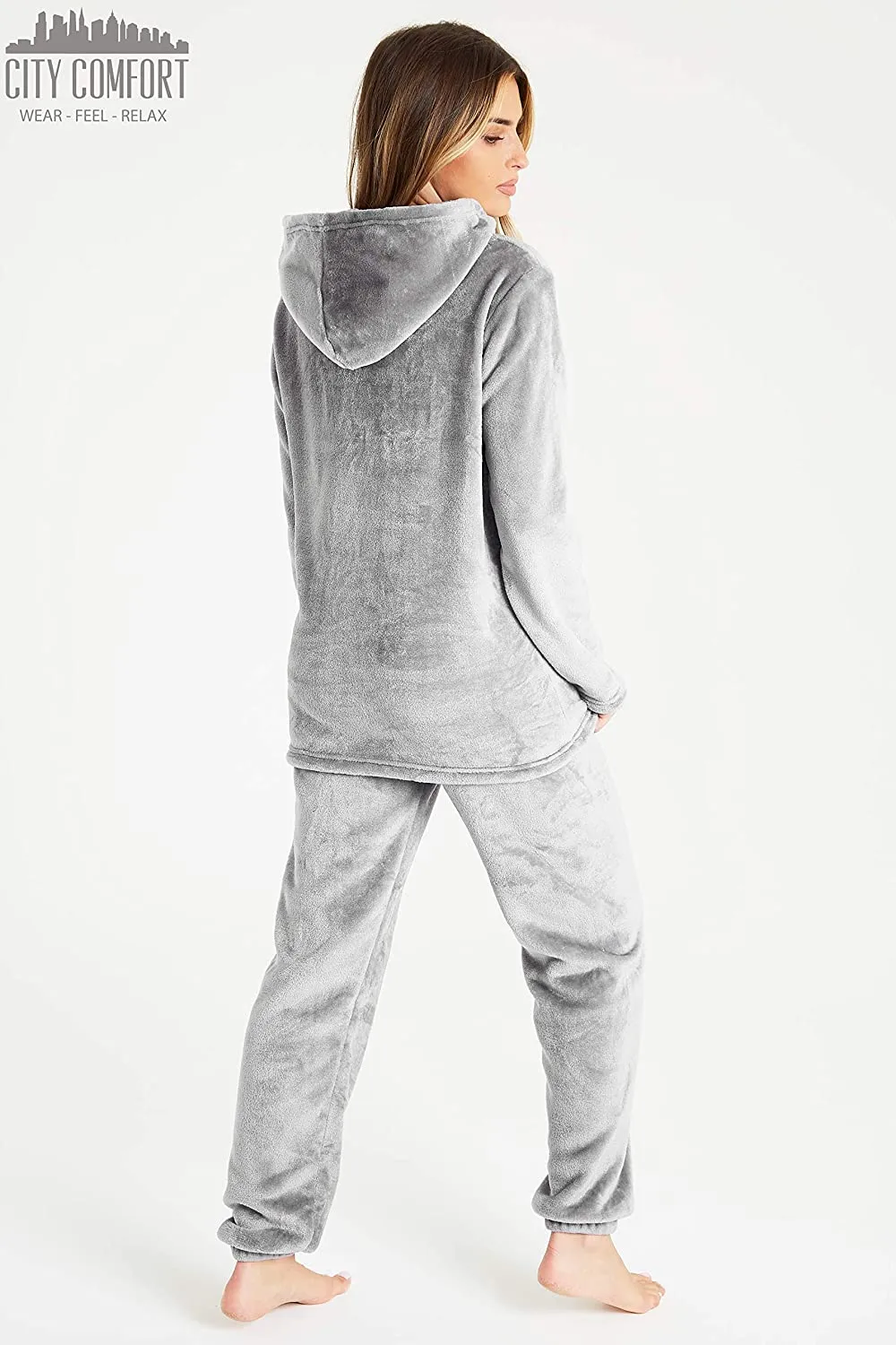 CityComfort Pyjamas Set for Women and Teens Fleece Hooded Long PJs Warm Loungewear Fluffy Nightwear Soft Cosy Sleepwear Gifts for Her