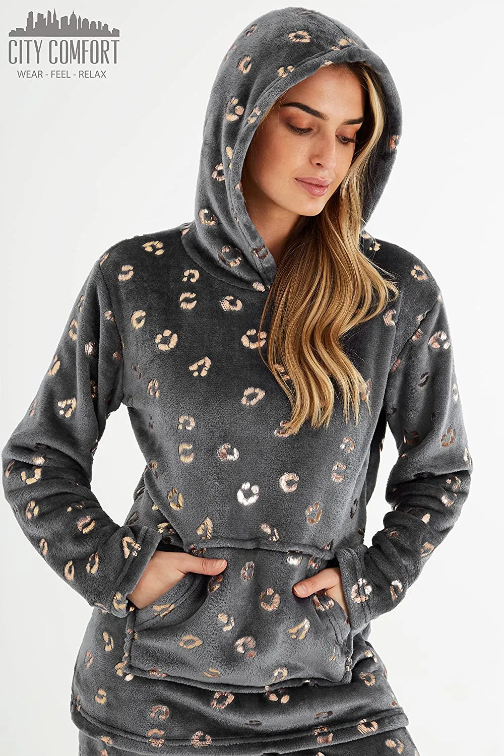 CityComfort Pyjamas Set for Women and Teens Fleece Hooded Long PJs Warm Loungewear Fluffy Nightwear Soft Cosy Sleepwear Gifts for Her