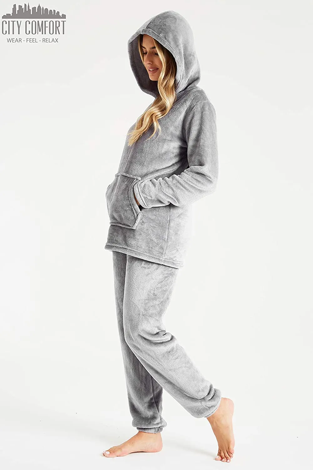 CityComfort Pyjamas Set for Women and Teens Fleece Hooded Long PJs Warm Loungewear Fluffy Nightwear Soft Cosy Sleepwear Gifts for Her