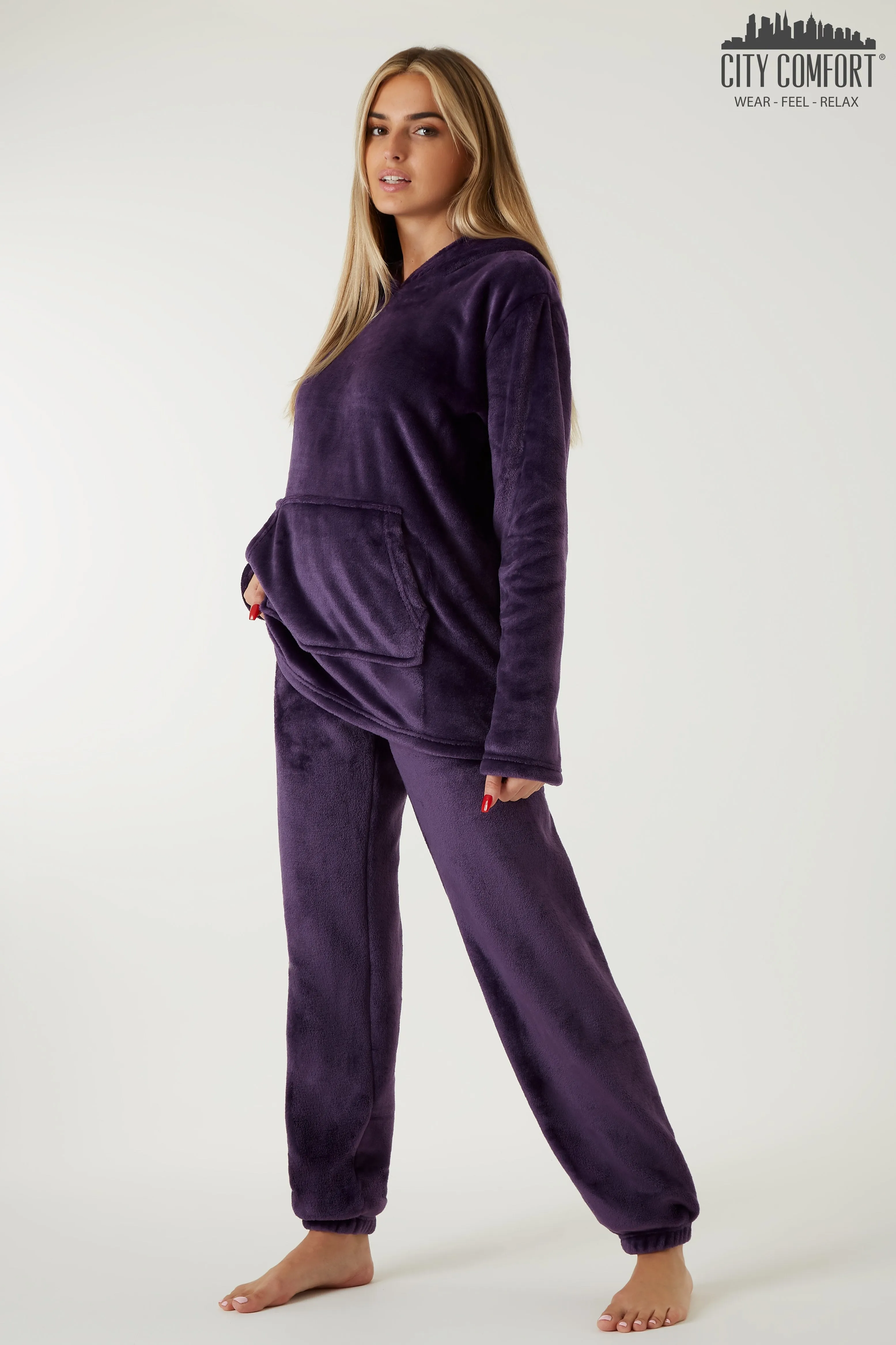 CityComfort Pyjamas Set for Women and Teens Fleece Hooded Long PJs Warm Loungewear Fluffy Nightwear Soft Cosy Sleepwear Gifts for Her
