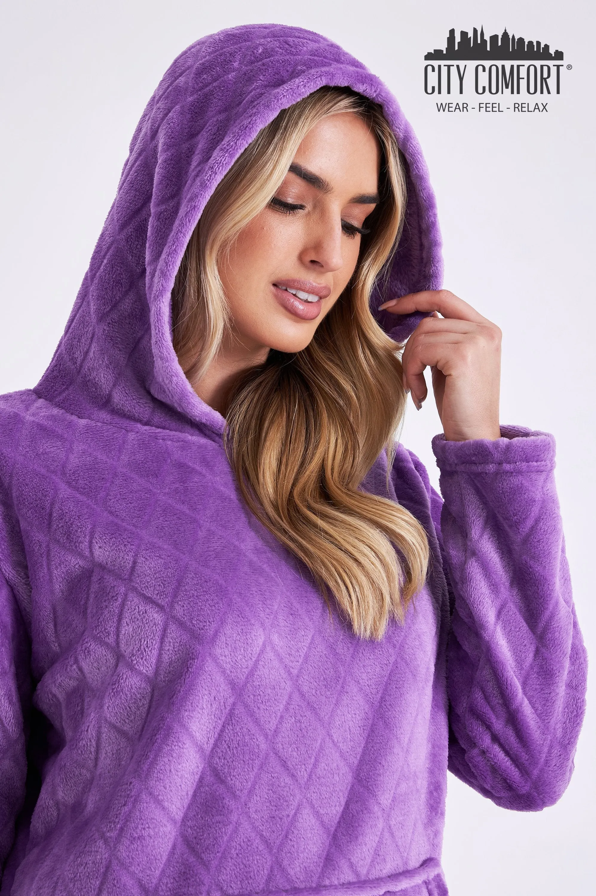 CityComfort Pyjamas Set for Women and Teens Fleece Hooded Long PJs Warm Loungewear Fluffy Nightwear Soft Cosy Sleepwear Gifts for Her