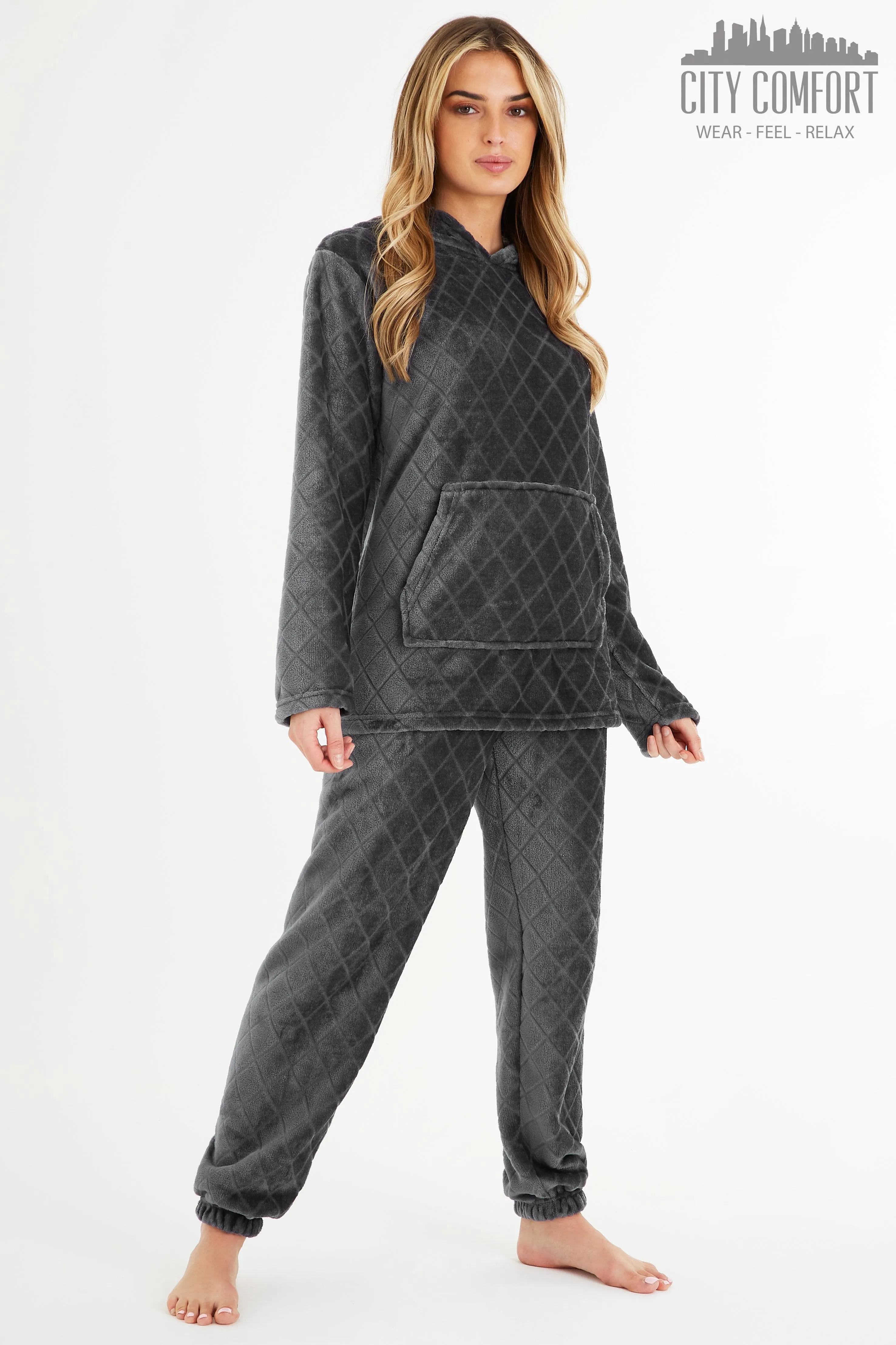 CityComfort Pyjamas Set for Women and Teens Fleece Hooded Long PJs Warm Loungewear Fluffy Nightwear Soft Cosy Sleepwear Gifts for Her