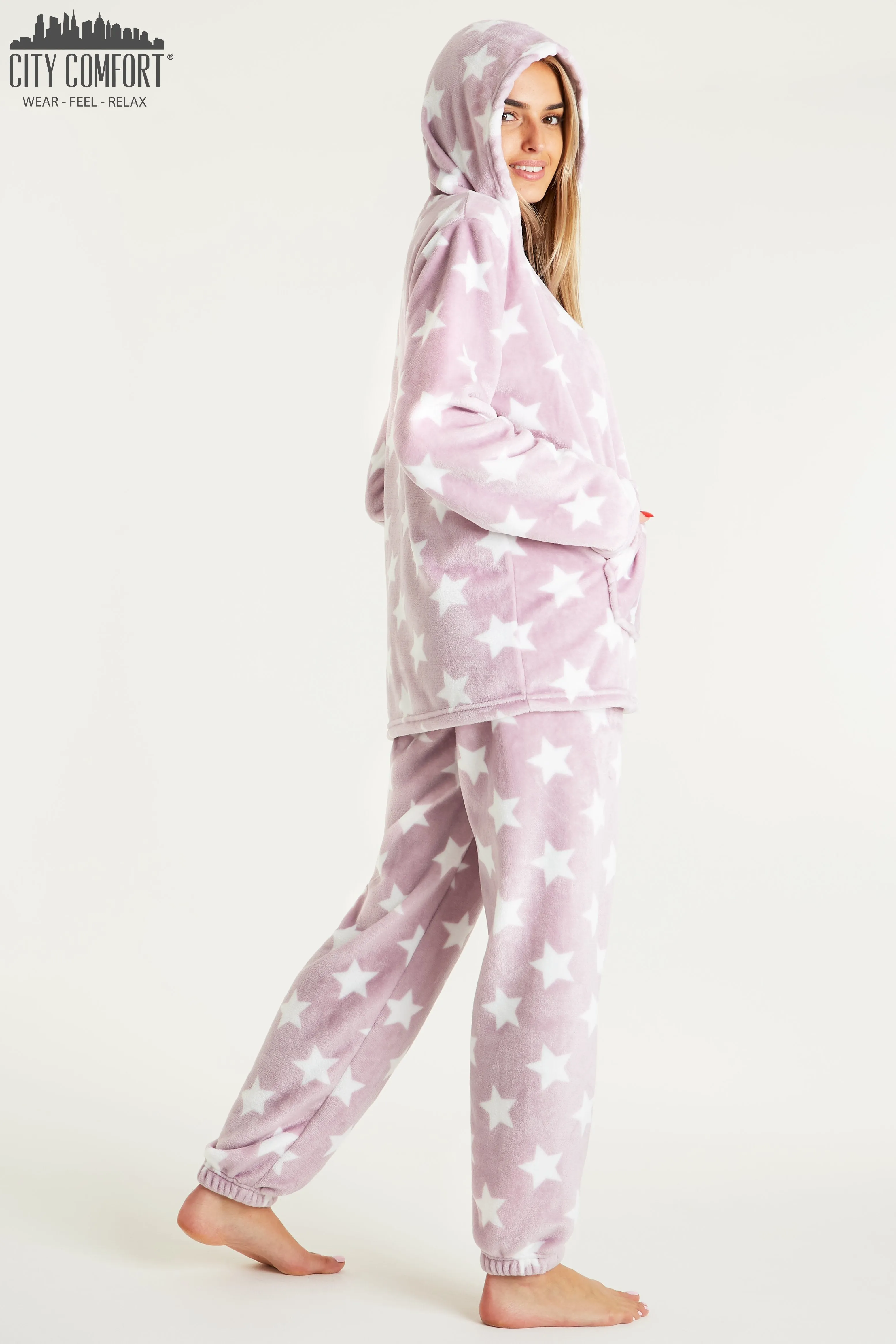 CityComfort Pyjamas Set for Women and Teens Fleece Hooded Long PJs Warm Loungewear Fluffy Nightwear Soft Cosy Sleepwear Gifts for Her