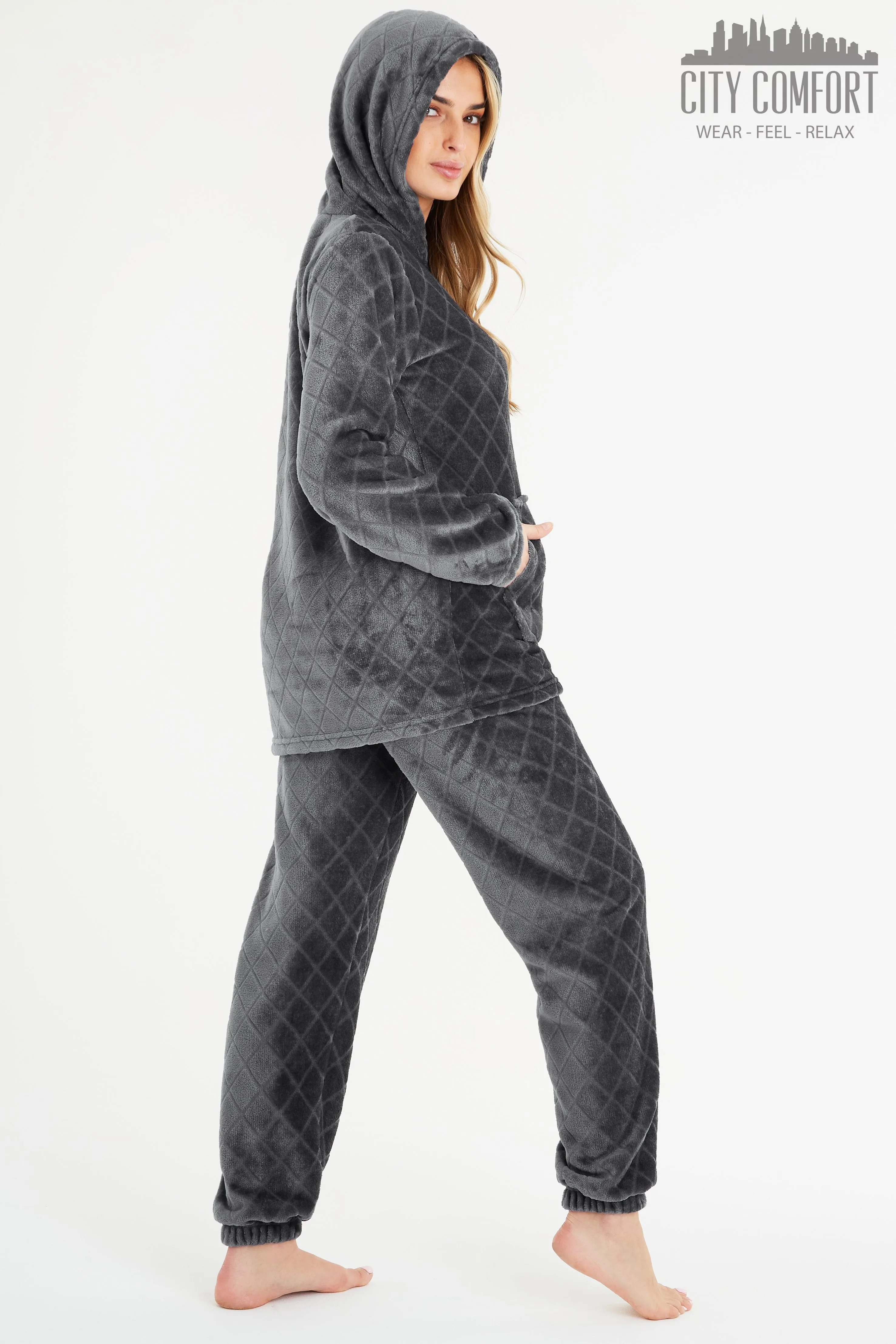 CityComfort Pyjamas Set for Women and Teens Fleece Hooded Long PJs Warm Loungewear Fluffy Nightwear Soft Cosy Sleepwear Gifts for Her