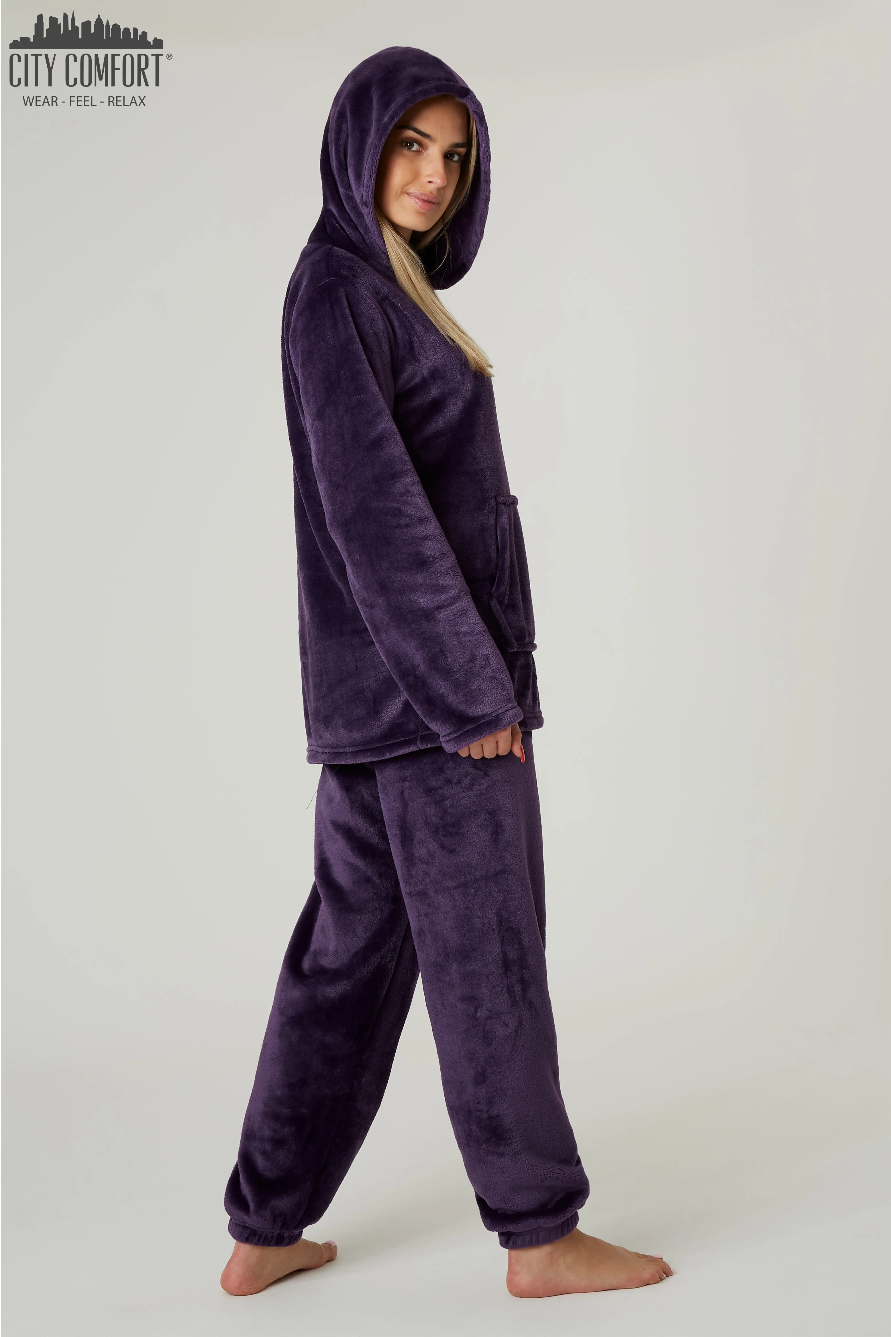 CityComfort Pyjamas Set for Women and Teens Fleece Hooded Long PJs Warm Loungewear Fluffy Nightwear Soft Cosy Sleepwear Gifts for Her