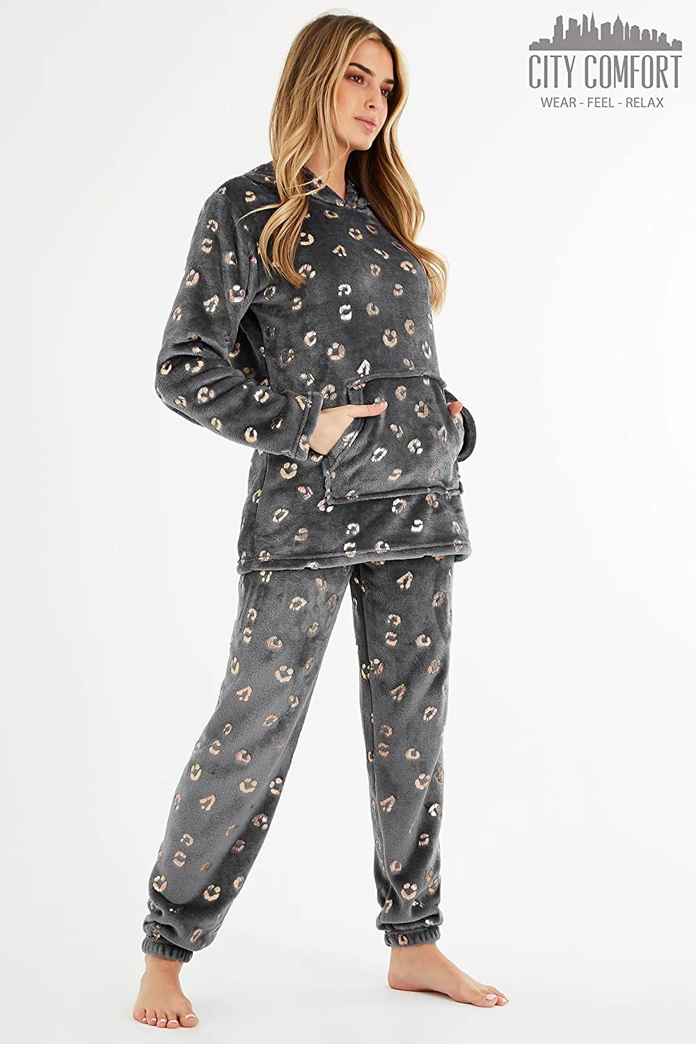 CityComfort Pyjamas Set for Women and Teens Fleece Hooded Long PJs Warm Loungewear Fluffy Nightwear Soft Cosy Sleepwear Gifts for Her