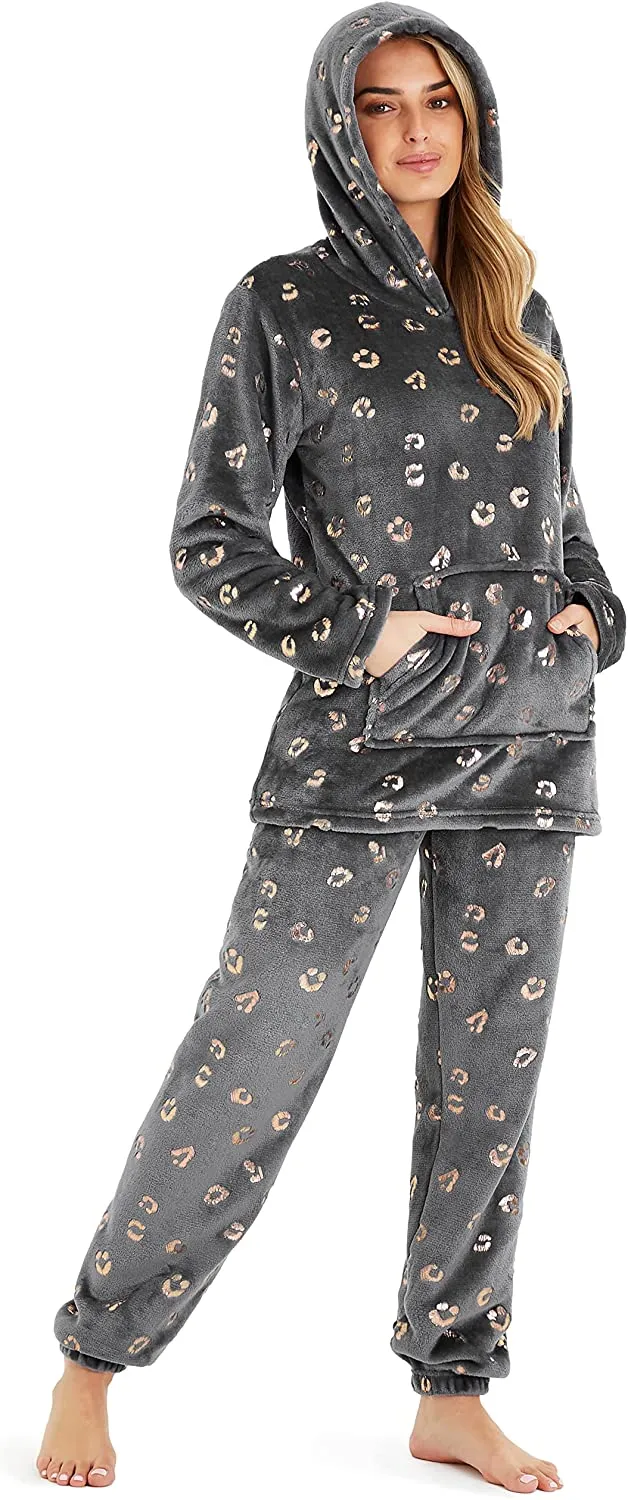 CityComfort Pyjamas Set for Women and Teens Fleece Hooded Long PJs Warm Loungewear Fluffy Nightwear Soft Cosy Sleepwear Gifts for Her