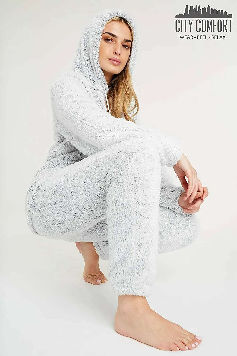 CityComfort Pyjamas Set for Women and Teens Fleece Hooded Long PJs Warm Loungewear Fluffy Nightwear Soft Cosy Sleepwear Gifts for Her