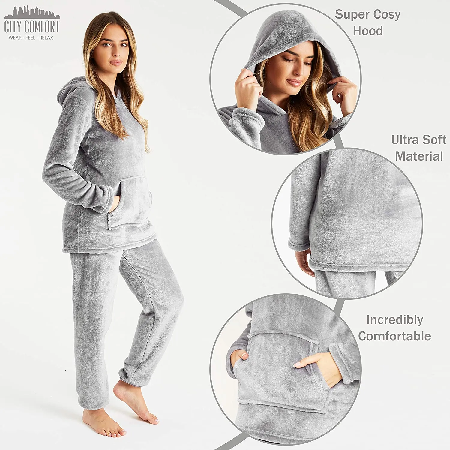 CityComfort Pyjamas Set for Women and Teens Fleece Hooded Long PJs Warm Loungewear Fluffy Nightwear Soft Cosy Sleepwear Gifts for Her