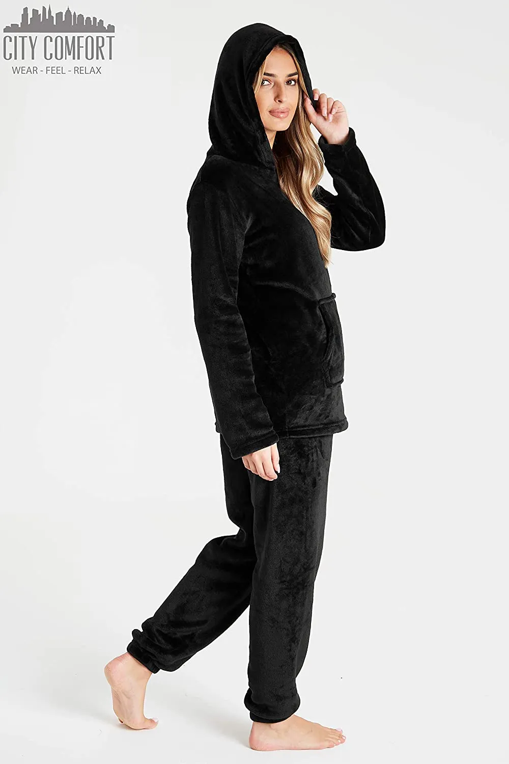 CityComfort Pyjamas Set for Women and Teens Fleece Hooded Long PJs Warm Loungewear Fluffy Nightwear Soft Cosy Sleepwear Gifts for Her