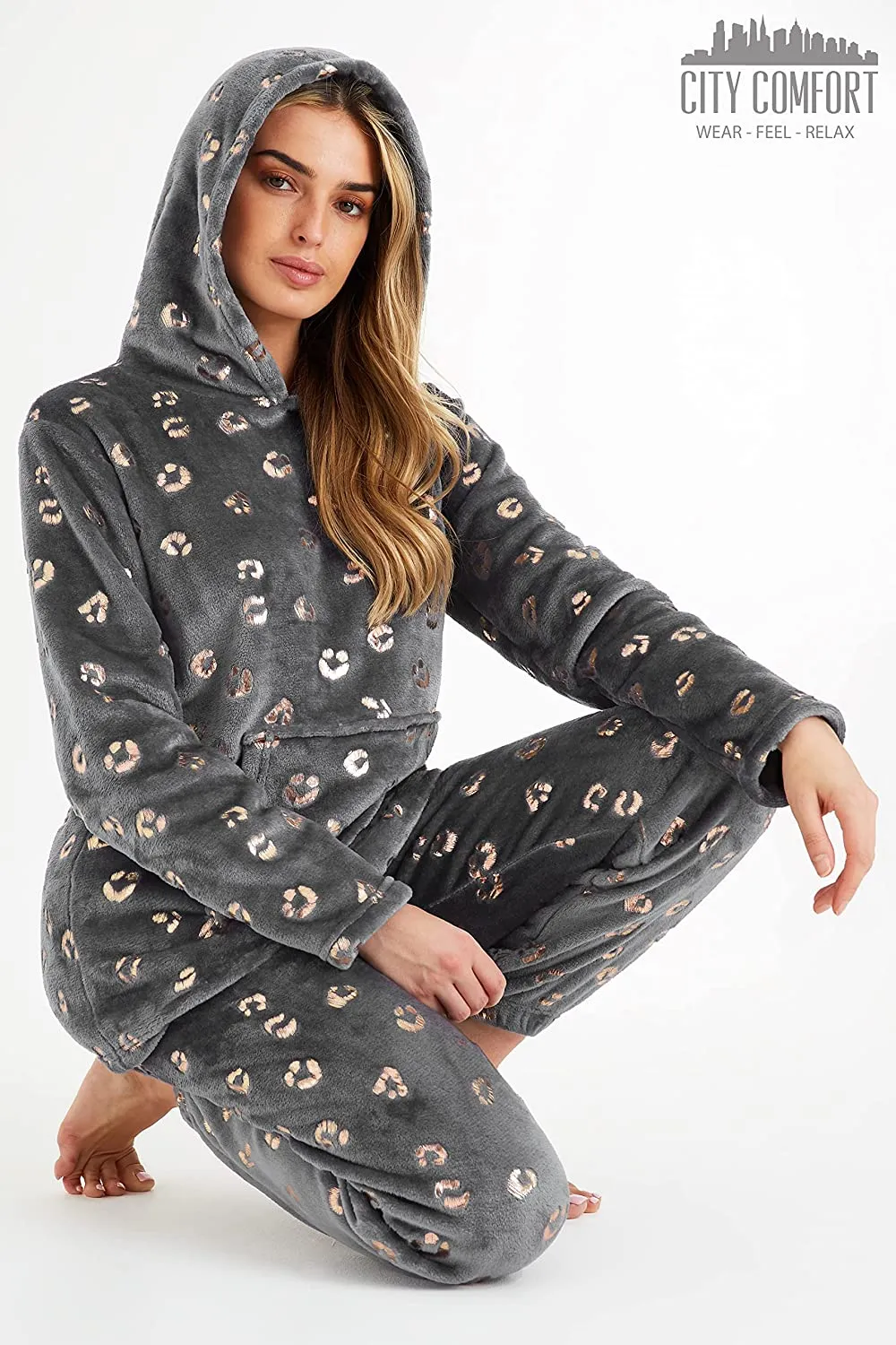 CityComfort Pyjamas Set for Women and Teens Fleece Hooded Long PJs Warm Loungewear Fluffy Nightwear Soft Cosy Sleepwear Gifts for Her