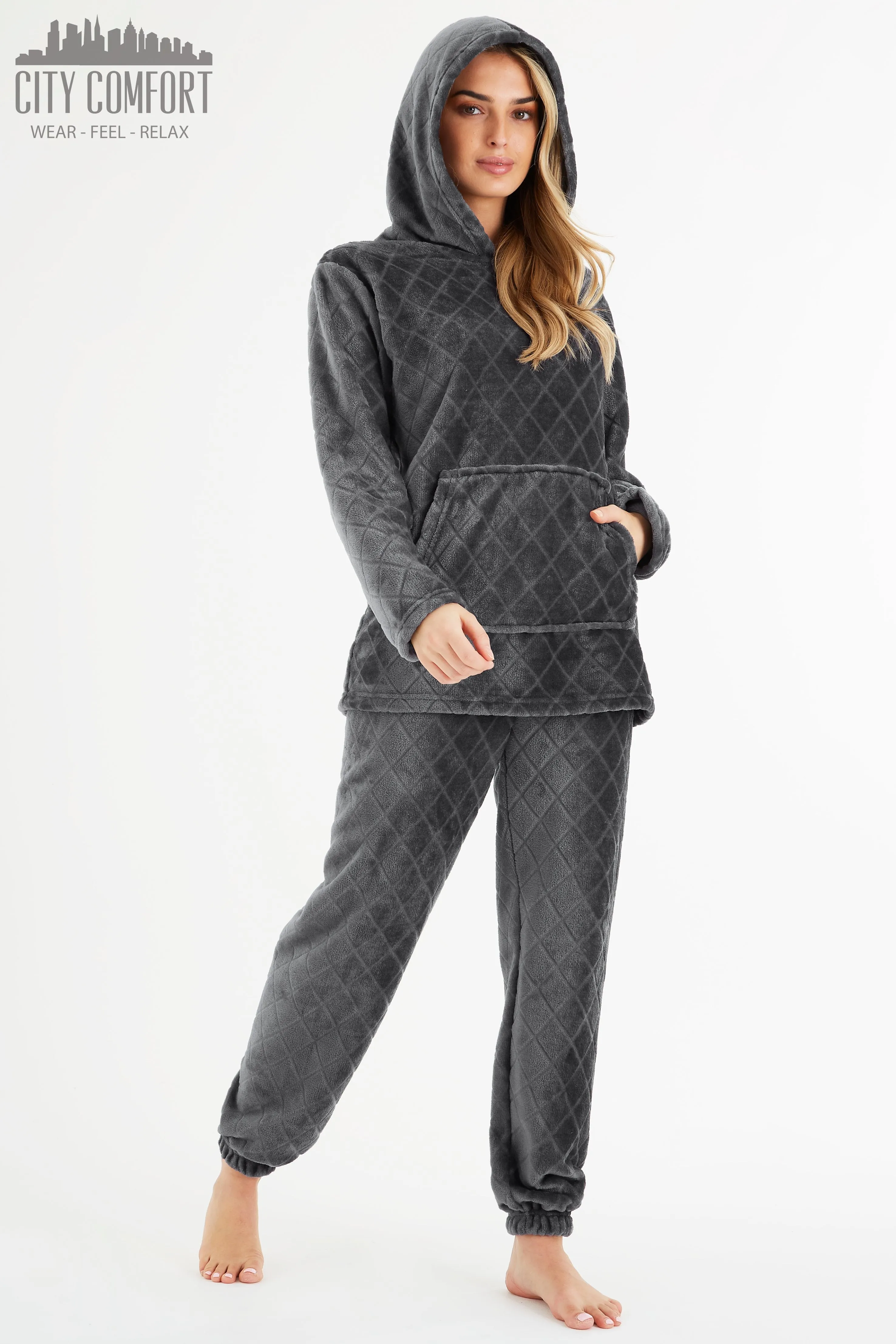 CityComfort Pyjamas Set for Women and Teens Fleece Hooded Long PJs Warm Loungewear Fluffy Nightwear Soft Cosy Sleepwear Gifts for Her