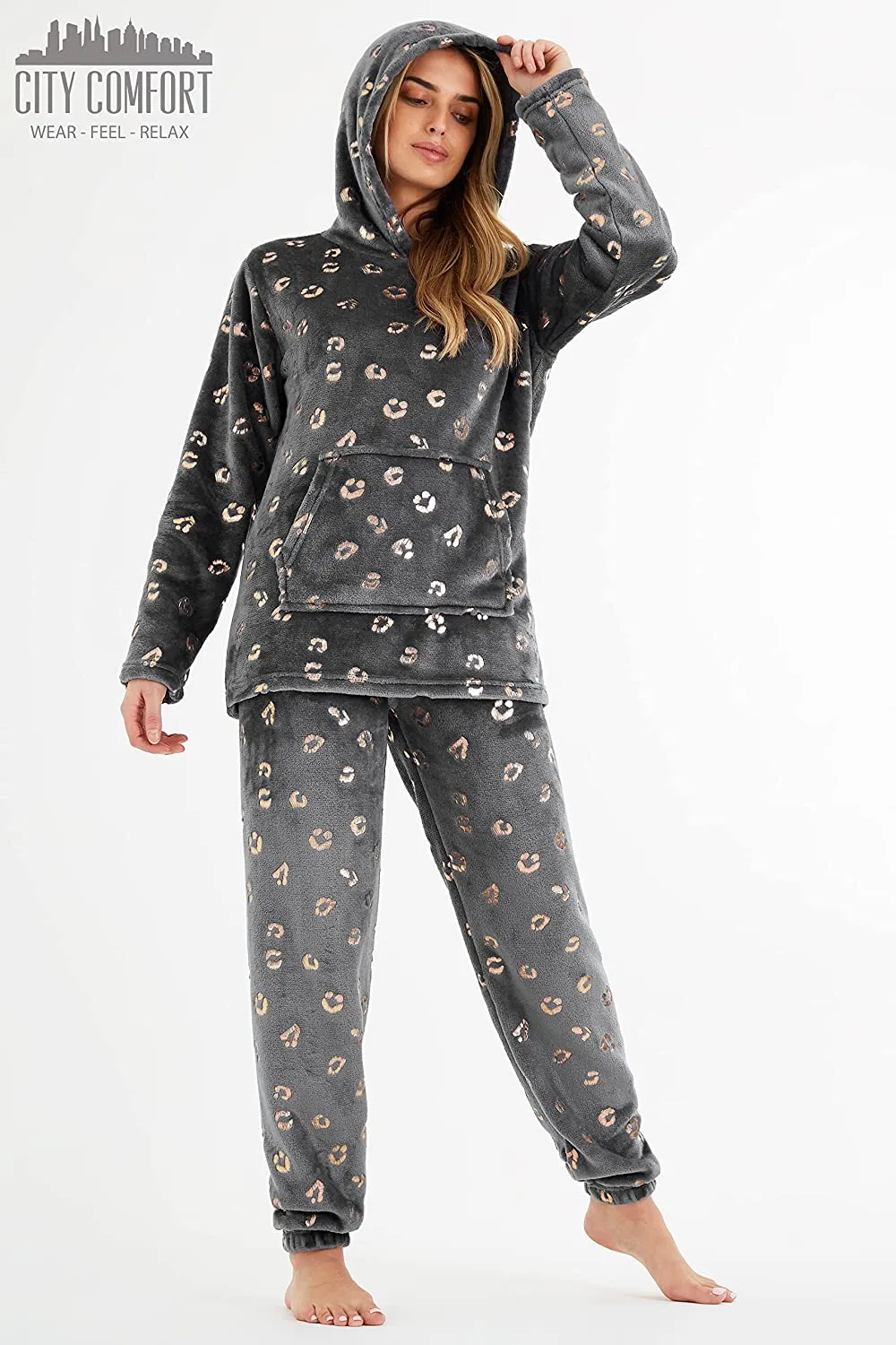 CityComfort Pyjamas Set for Women and Teens Fleece Hooded Long PJs Warm Loungewear Fluffy Nightwear Soft Cosy Sleepwear Gifts for Her