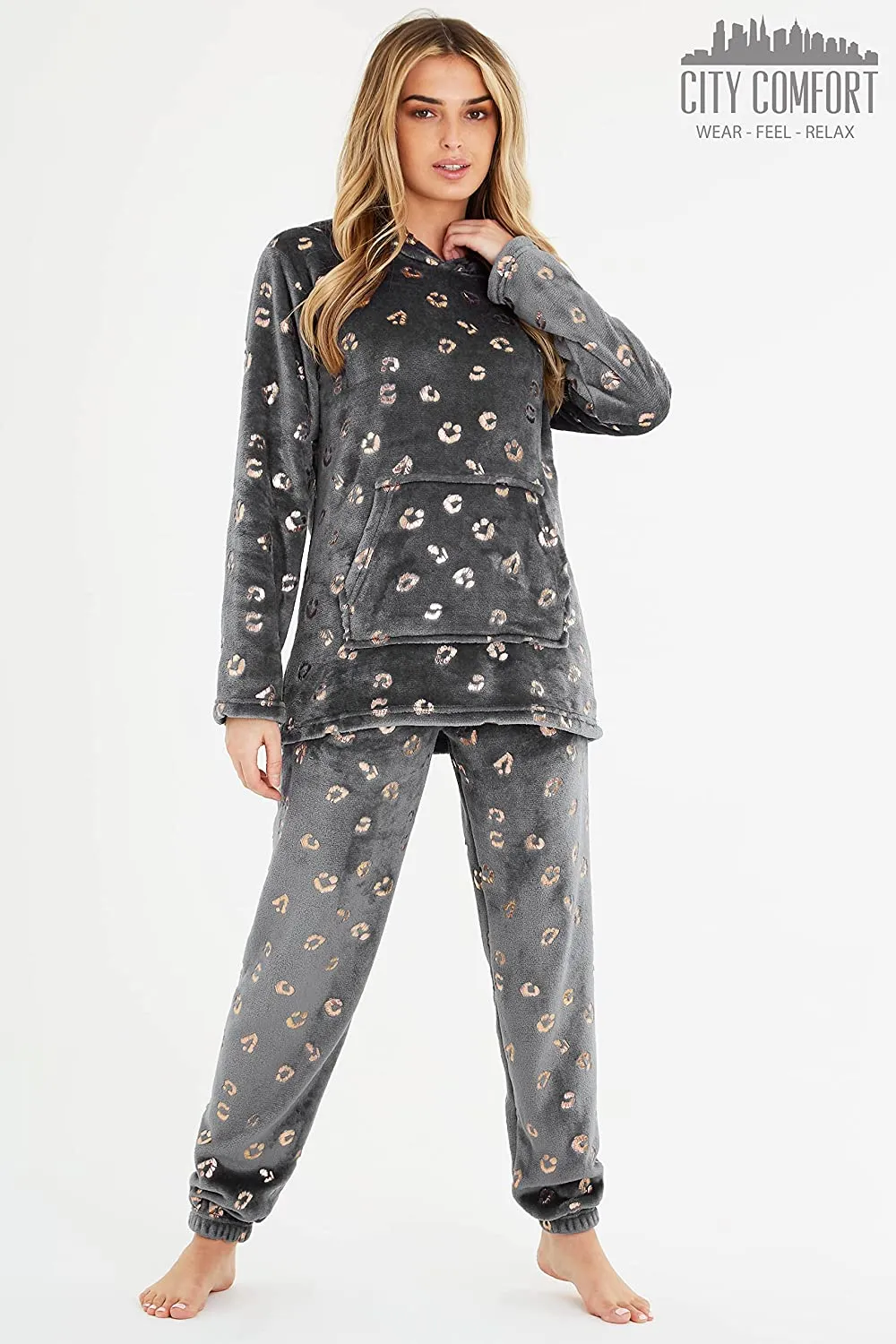 CityComfort Pyjamas Set for Women and Teens Fleece Hooded Long PJs Warm Loungewear Fluffy Nightwear Soft Cosy Sleepwear Gifts for Her