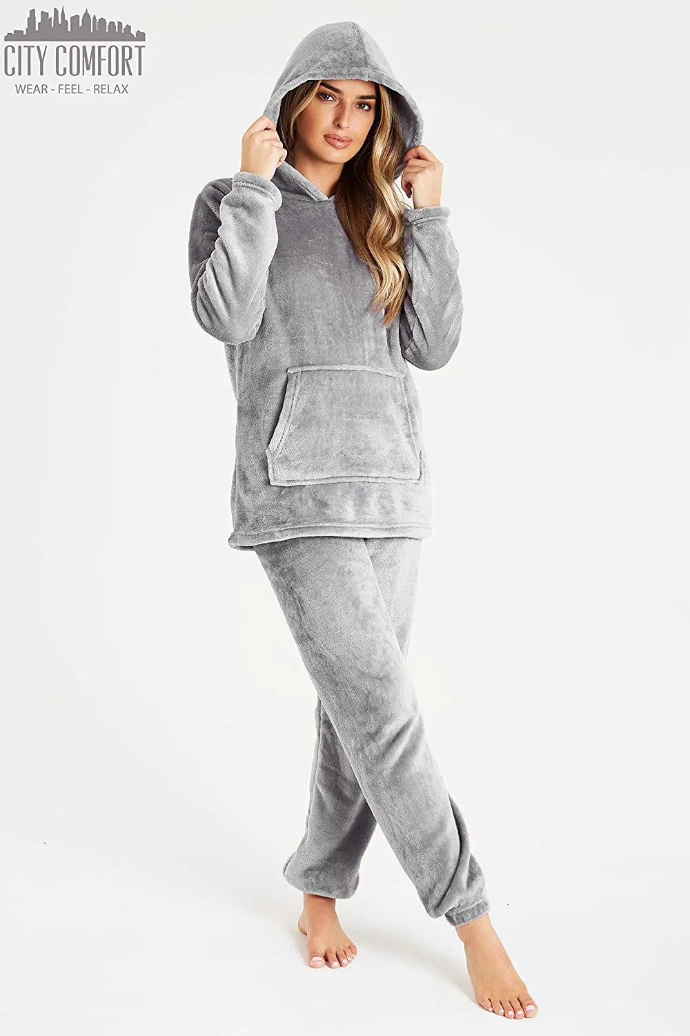 CityComfort Pyjamas Set for Women and Teens Fleece Hooded Long PJs Warm Loungewear Fluffy Nightwear Soft Cosy Sleepwear Gifts for Her