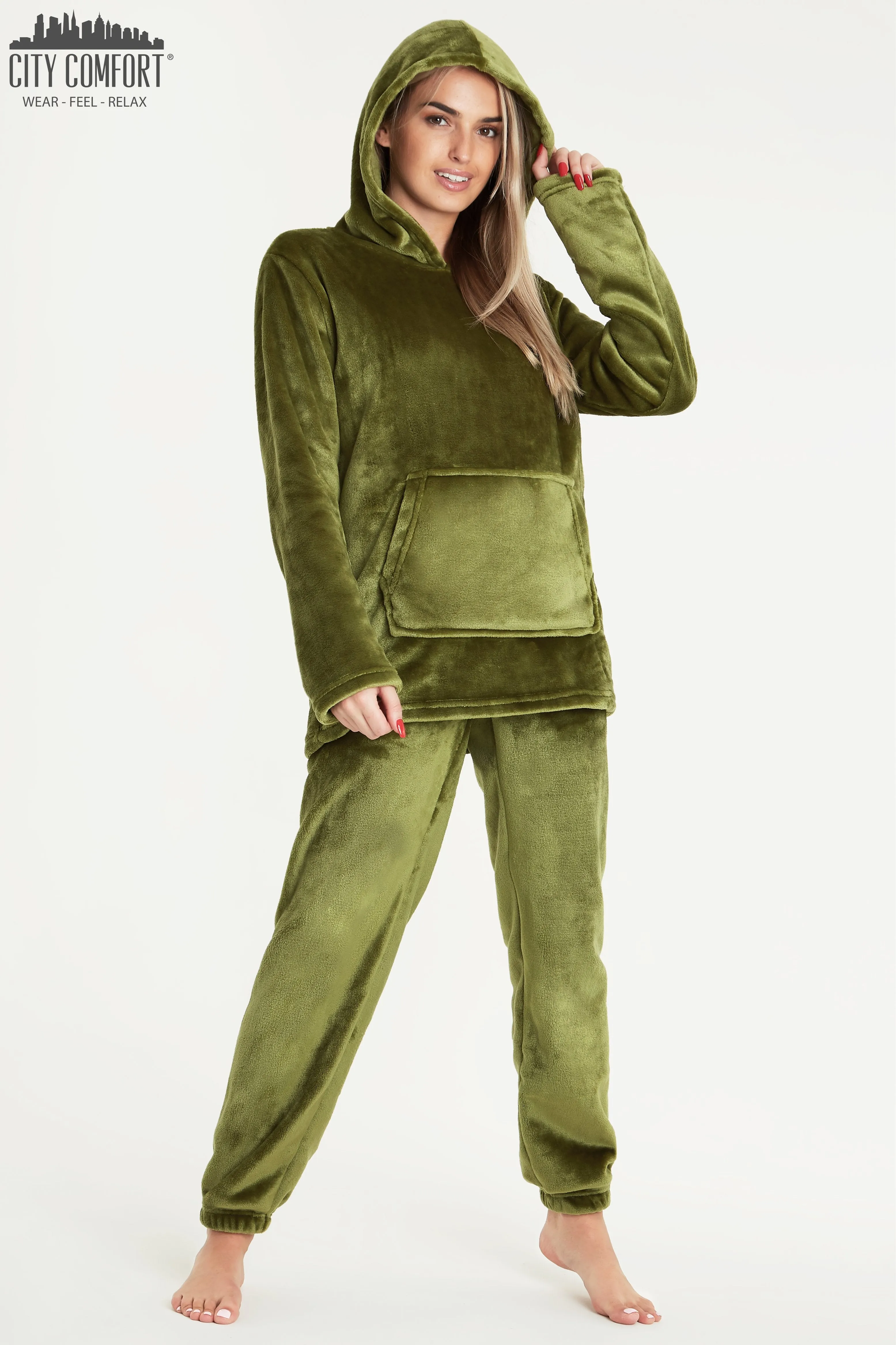 CityComfort Pyjamas Set for Women and Teens Fleece Hooded Long PJs Warm Loungewear Fluffy Nightwear Soft Cosy Sleepwear Gifts for Her