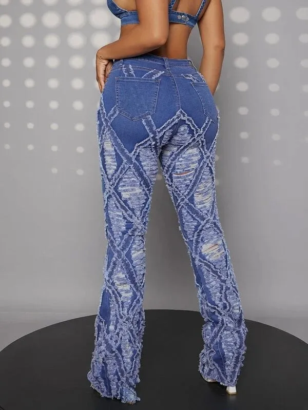 CM-BS005735 Women Casual Seoul Style Medium Wash High Waisted Ripped Jeans