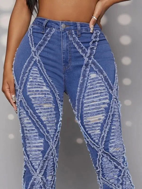 CM-BS005735 Women Casual Seoul Style Medium Wash High Waisted Ripped Jeans