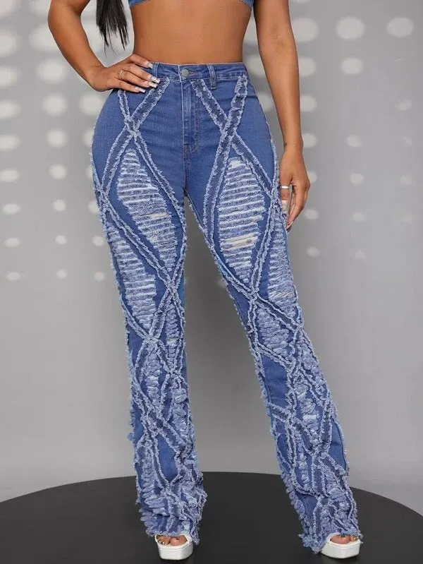 CM-BS005735 Women Casual Seoul Style Medium Wash High Waisted Ripped Jeans
