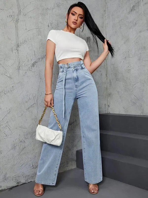 CM-BS021756 Women Casual Seoul Style Light Wash High Waist Belted Straight Leg Jeans