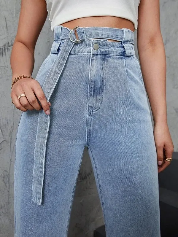 CM-BS021756 Women Casual Seoul Style Light Wash High Waist Belted Straight Leg Jeans