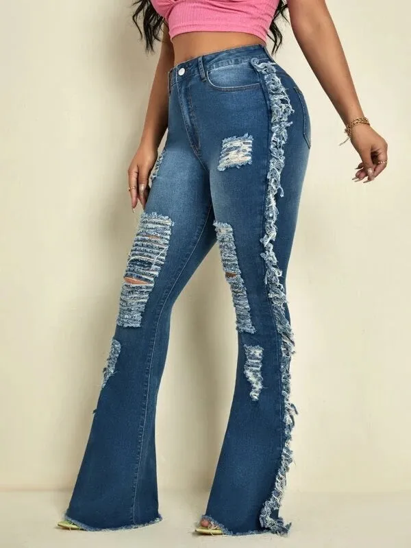 CM-BS054730 Women Casual Seoul Style Ripped Frayed Raw Hem Flare Leg Jeans