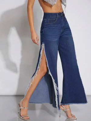 CM-BS066362 Women Casual Seoul Style Dark Wash High Slit Side With Frayed Hem Decoration Jeans