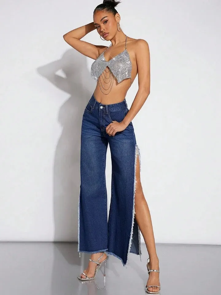 CM-BS066362 Women Casual Seoul Style Dark Wash High Slit Side With Frayed Hem Decoration Jeans