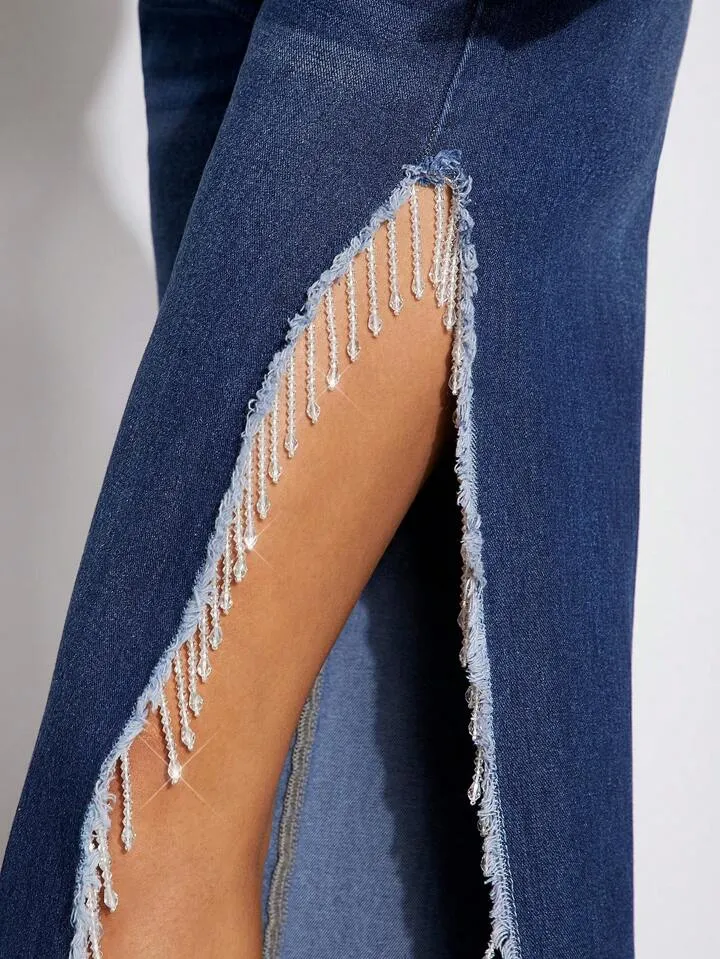 CM-BS066362 Women Casual Seoul Style Dark Wash High Slit Side With Frayed Hem Decoration Jeans