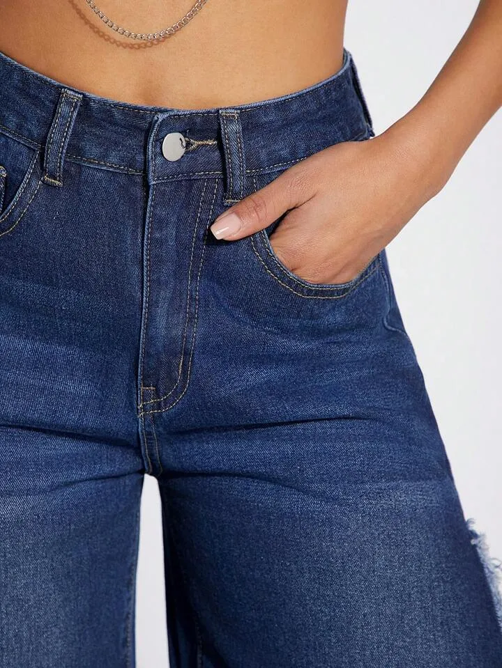 CM-BS066362 Women Casual Seoul Style Dark Wash High Slit Side With Frayed Hem Decoration Jeans