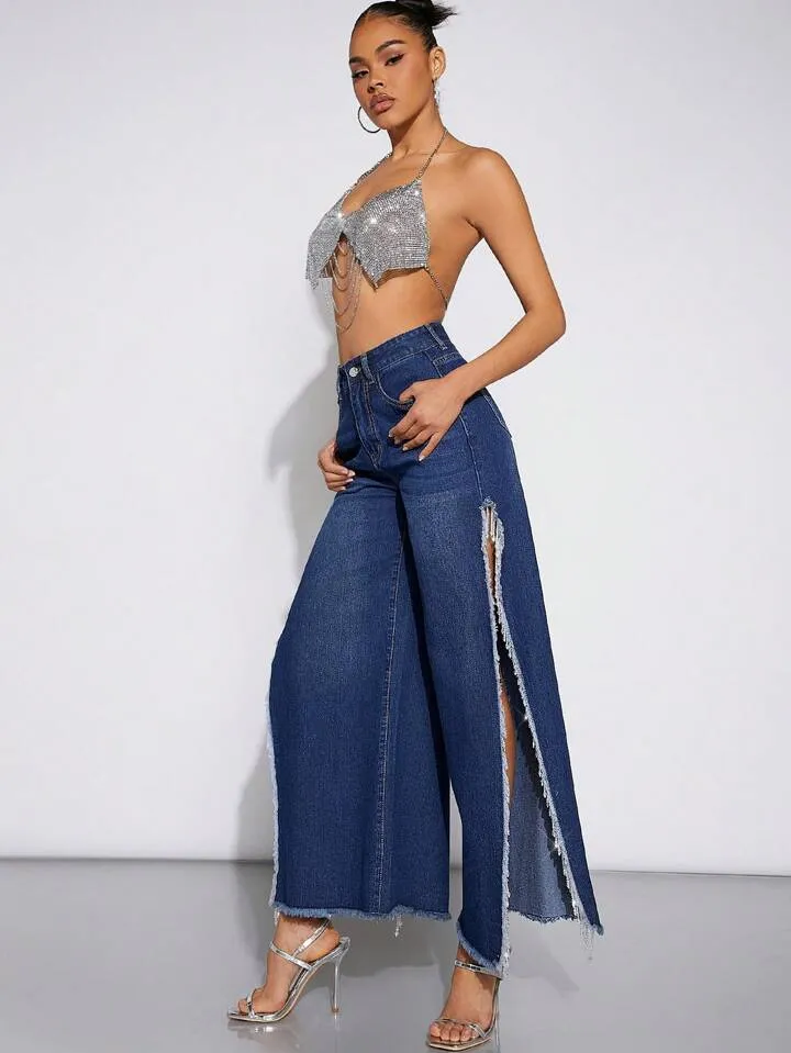 CM-BS066362 Women Casual Seoul Style Dark Wash High Slit Side With Frayed Hem Decoration Jeans