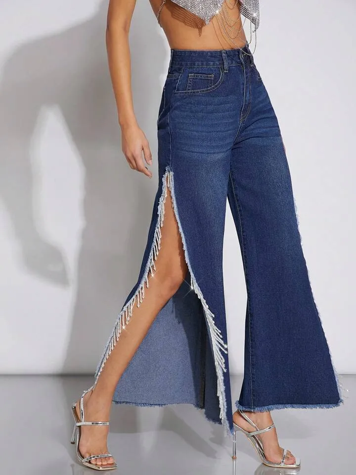 CM-BS066362 Women Casual Seoul Style Dark Wash High Slit Side With Frayed Hem Decoration Jeans