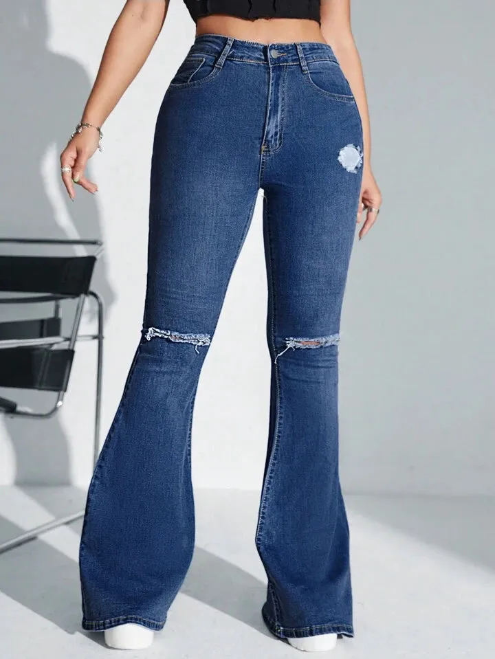 CM-BS073500 Women Casual Seoul Style Dark Wash Solid Color Frayed Hem Skinny Flared Jeans