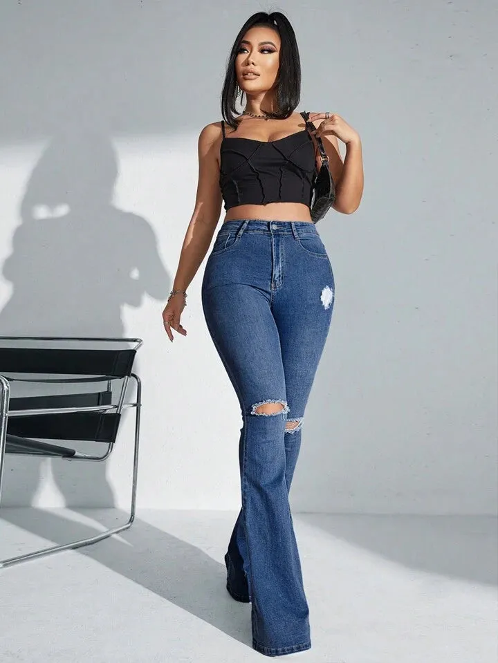 CM-BS073500 Women Casual Seoul Style Dark Wash Solid Color Frayed Hem Skinny Flared Jeans