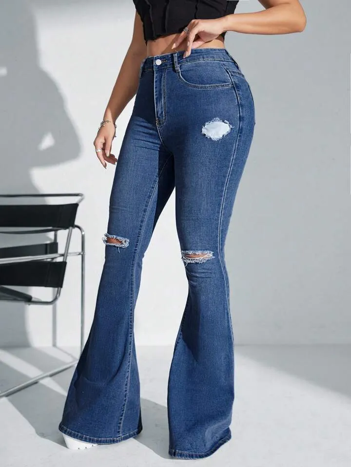 CM-BS073500 Women Casual Seoul Style Dark Wash Solid Color Frayed Hem Skinny Flared Jeans