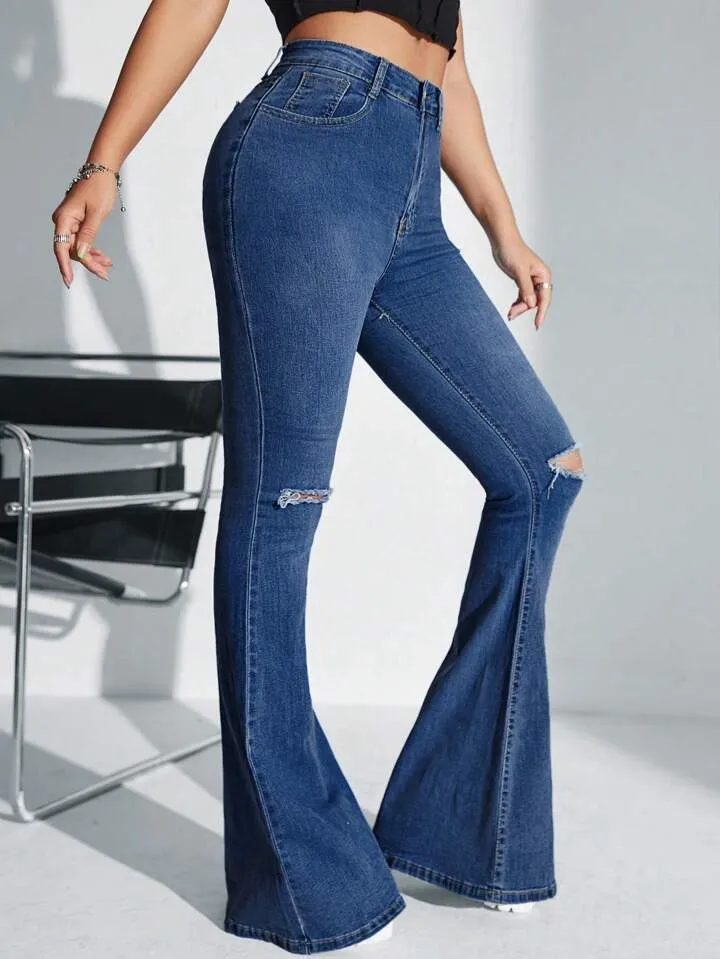 CM-BS073500 Women Casual Seoul Style Dark Wash Solid Color Frayed Hem Skinny Flared Jeans