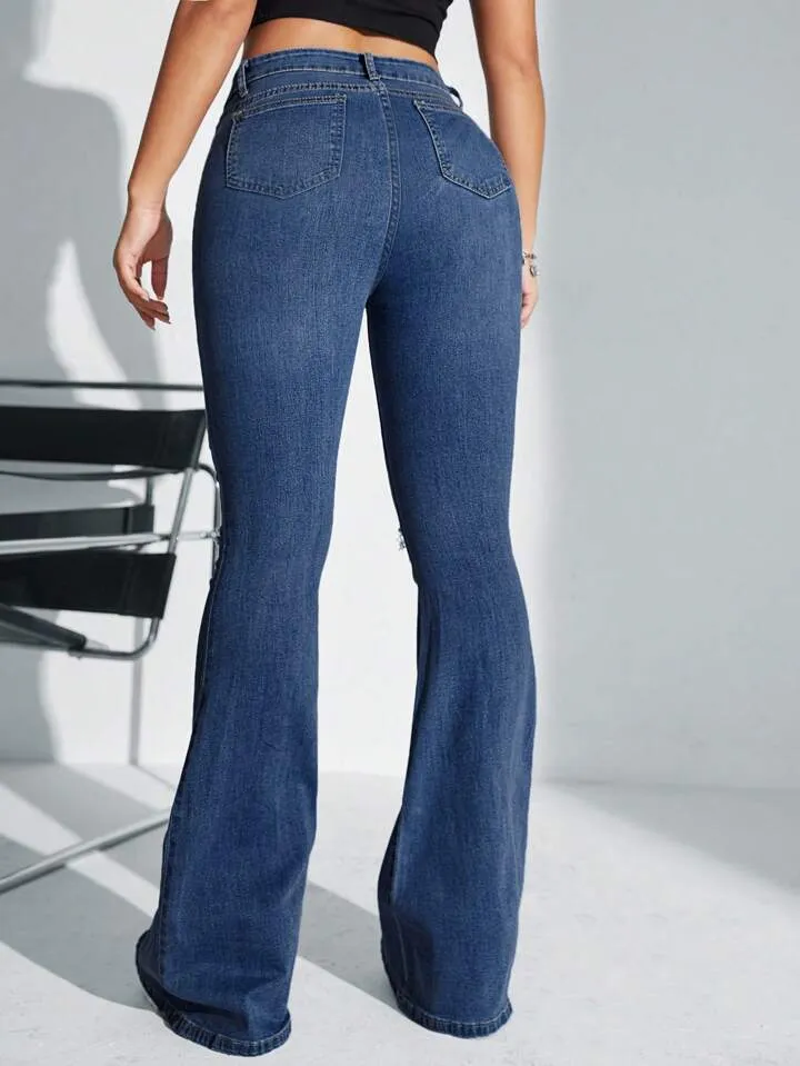 CM-BS073500 Women Casual Seoul Style Dark Wash Solid Color Frayed Hem Skinny Flared Jeans