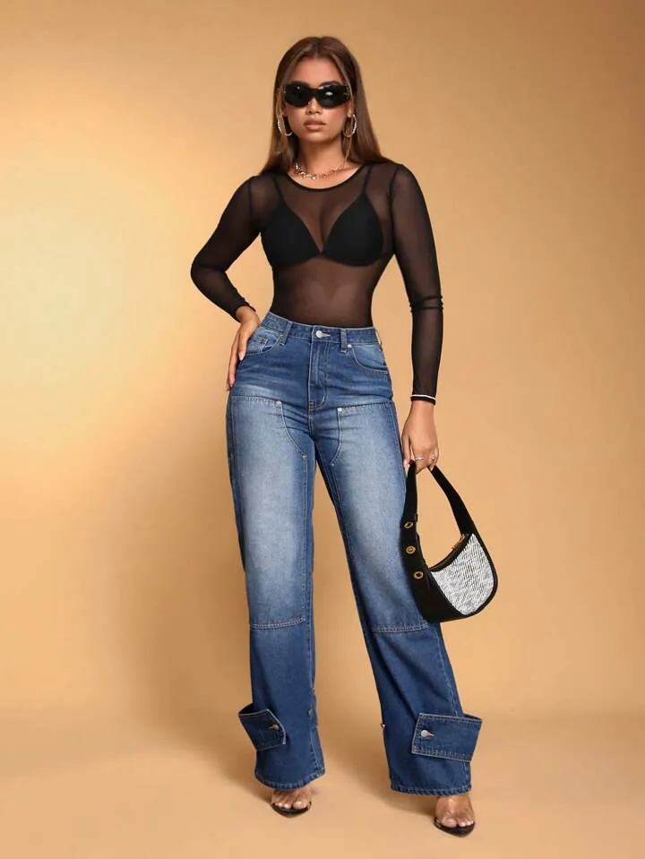 CM-BS102663 Women Casual Seoul Style Curvy Wide Leg Denim Jeans - Blue