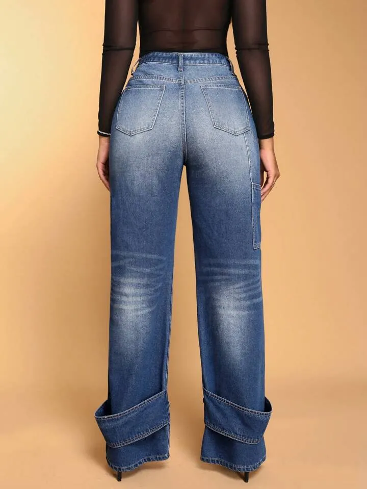 CM-BS102663 Women Casual Seoul Style Curvy Wide Leg Denim Jeans - Blue