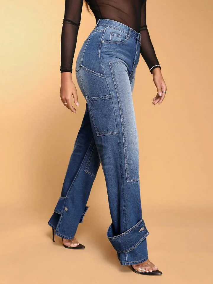 CM-BS102663 Women Casual Seoul Style Curvy Wide Leg Denim Jeans - Blue