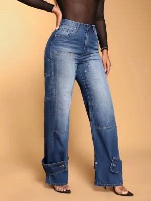 CM-BS102663 Women Casual Seoul Style Curvy Wide Leg Denim Jeans - Blue